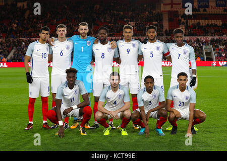 England U21 Team Group Shot. Top Row (left to right) Dominic Solanke, Dael Fry Angus Gunn, Joshua Onomah, Dominic Calvert-Lewin, Joe Gomez and Demarai Gray. Front Row (left to right) Tammy Abraham, Lewis Cook, Kyle Walker-Peters and Trent Alexander-Arnold during the 2019 UEFA Euro U21 Qualifying, Group 4 match at the Riverside Stadium, Middlesbrough. Stock Photo