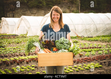 Happy female farmer holding crate full of vegetables in field Stock Photo