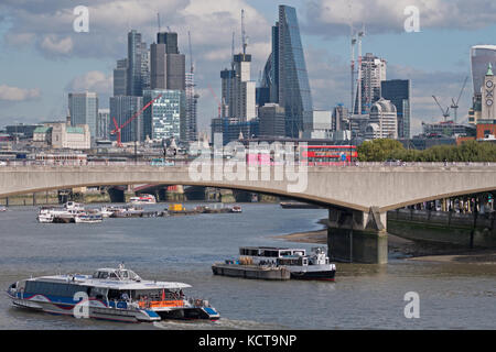 SEPTEMBER 28, 2017: Scene on the river Thames at Waterloo Bridge looking east towards the City Stock Photo