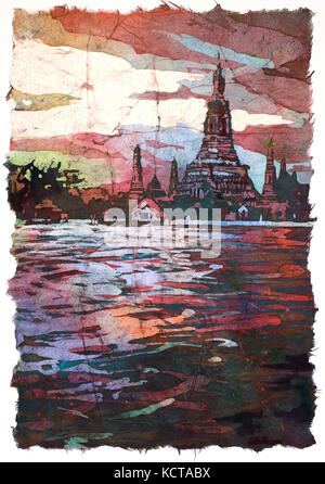 Watercolor batik painting of prangs of Wat Arun silhouetted at sunset from across the Chao Praya river- Bangkok, Thailand. Stock Photo