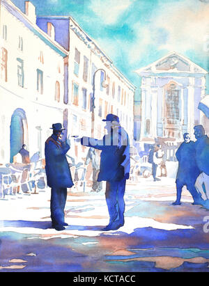 Watercolor painting of two old men arguing in piazza in Italy. Stock Photo