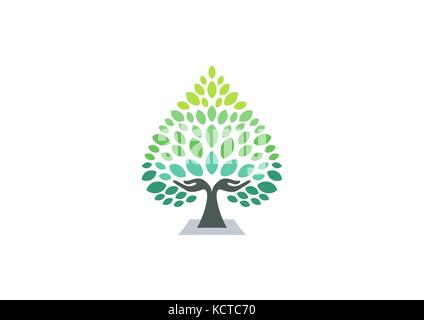 hand tree logo, green heart hands tree wellness logo icon concept, yoga health care symbol vector design concept Stock Vector