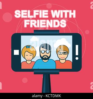 Selfie with friends - smartphone on selfie stick Stock Vector