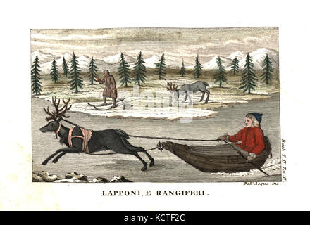 Sami man or Lapplander in a sleigh pulled by a reindeer on ice, and another man on skis. Illustration from Leopold von Buch’s Travels Through Norway and Lapland, 1813. Copperplate engraving by Dell'Acqua handcoloured by Lazaretti from Giovanni Battista Sonzogno’s Collection of the Most Interesting Voyages (Raccolta de Viaggi Piu Interessanti), Milan, 1815-1817. Stock Photo
