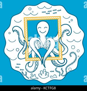 concept of a selfie with animals, in the form of an octopus posing with the sea. illustration of a picture of an animal on a camera Stock Vector
