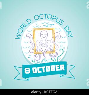 Calendar for each day on october 8. Greeting card. Holiday -  World Octopus Day. Icon in the linear style Stock Vector