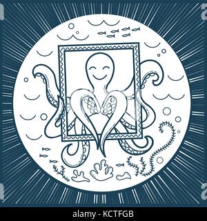 illustration of an octopus in the sea that makes selfie, holds a frame and shows the heart. Icon black and white, silhouette. Stock Vector