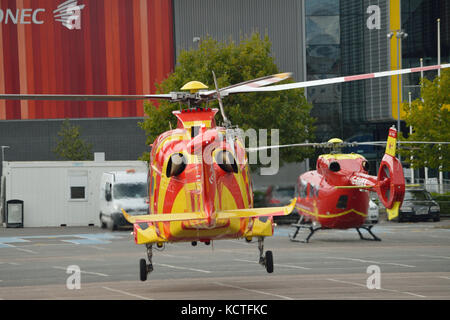 Helicopters attending the Helitech 2017 trade show held at London ExCel exhibition centre Stock Photo