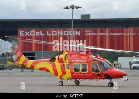 Helicopters attending the Helitech 2017 trade show held at London ExCel exhibition centre Stock Photo