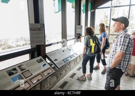 Tourists reading information boards at the Logan Pass Visitor Center, Glacier NP Stock Photo