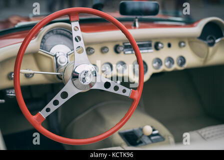 1957 Chevrolet Corvette at Bicester Heritage Centre, Oxfordshire, England. Classic American car interior. Selective focus. Vintage filter appllied Stock Photo