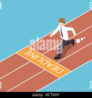 Flat 3d isometric businessman trying to run across the deadline. Deadline concept. Stock Vector