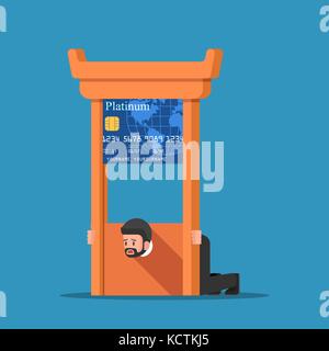 Businessman stuck in credit card guillotine. Financial crisis and debt concept. Stock Vector
