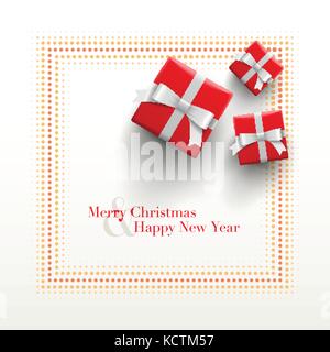 Merry Christmas and Happy New Year Card design. Red gift boxes with dotted frame on white background. Stock Vector