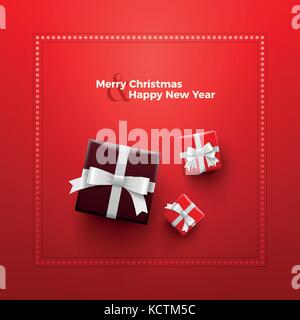 Merry Christmas and Happy New Year Card design. Red gift boxes with dotted frame on red background. Stock Vector