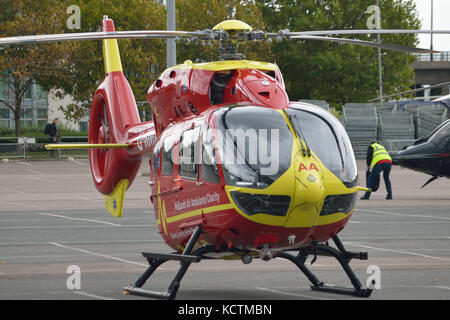 Helicopters attending the Helitech 2017 trade show held at London ExCel exhibition centre Stock Photo