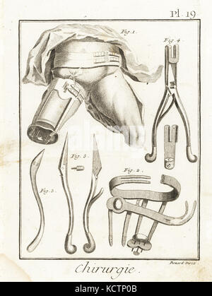 Jean Louis Petit's machine to compress the femoral artery during amputation of the thigh 1, and bandages 2, aneurysm needle 3 and scissors 4.  Copperplate engraving by Robert Benard from Denis Diderot's Encyclopedia, Pellet, Geneva, 1779. Stock Photo