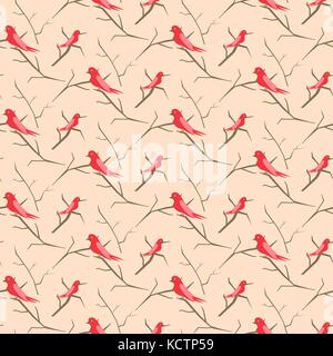 Birds on branches pink cute pattern seamless vector. Stock Vector