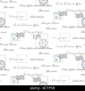 Romantic love letters seamless vector pattern on white. Inscriptions wrap paper design with mail stamps. Stock Vector