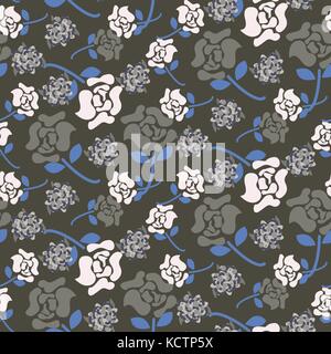 Rose flowers grey and blue floral dark pattern seamless vector. Stock Vector
