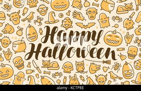 Happy Halloween, greeting card or banner. Holiday, festival, party concept. Lettering vector illustration Stock Vector