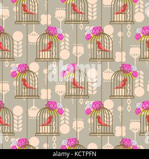Bird cage romantic seamless vector pattern roses wallpaper. Stock Vector