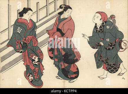 Courtesans and a street entertainer with performing monkey in front of a barred shopfront in the pleasure quarters. Woodblock print by Masanobu Okumura (1686-1764) from Fuzoku Emakimono, Picture Scroll of the Water Trade, Tokyo, reprint circa 1880. Stock Photo