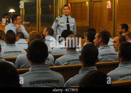 Freshly promoted National Gendarmery reservists take an oath at Justice Court, Lyon, France Stock Photo