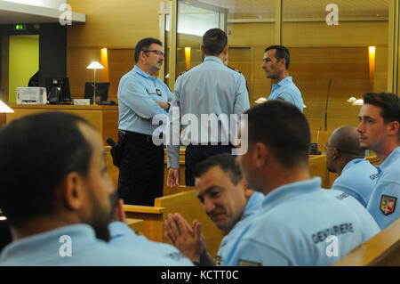 Freshly promoted National Gendarmery reservists take an oath at Justice Court, Lyon, France Stock Photo