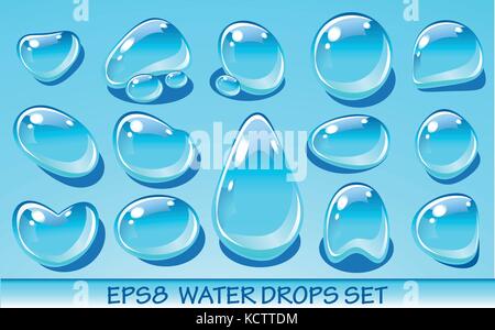 Realistic water drops set. Useful for aqua icons. No transparent objects Stock Vector