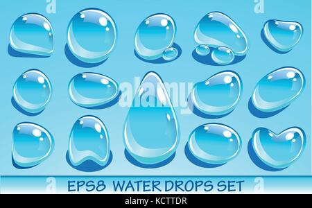 Realistic water drops set. Useful for aqua icons. No transparent objects Stock Vector