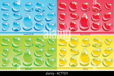 Sets with different liquid drops - water, dew, oil, blood. NO TRANSPARENCY. Stock Vector