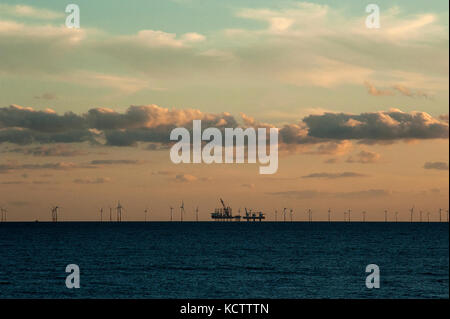 Wind farm in the English Channel off the coast near Brighton and Hove. Stock Photo