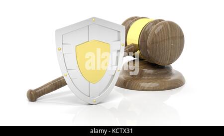 Silver shield and gavel symbols, isolated on white background Stock Photo