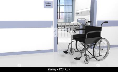 Black disability wheelchair in front of patient room in hospital Stock Photo