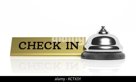 Hotel reception bell and Check in card isolated on white Stock Photo