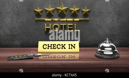 Front Desk Key Sign Hotel key card, bell and reception sign on hotel front desk. 3D ...
