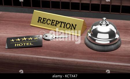 Front Desk Key Sign Hotel key card, bell and reception sign on hotel front desk. 3D ...