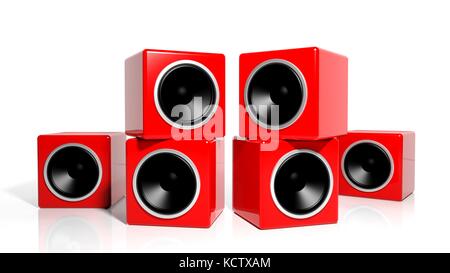 Group of red cubes computer speakers isolated on white Stock Photo