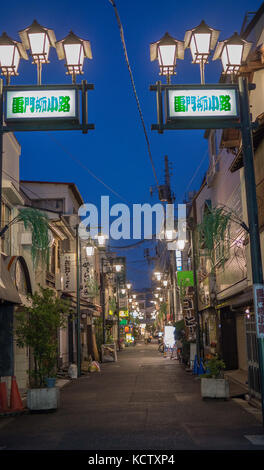 Night scenes of the streets and shops surrounding Sensoji Temple in the Asakusa district of Japan.  Scenes of street softly lit, entrances, souvenirs Stock Photo