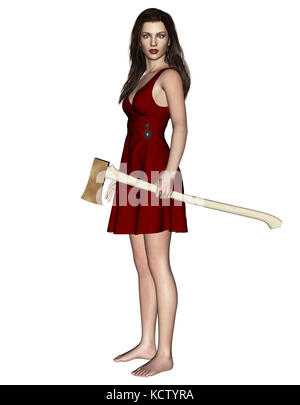 It's time for revenge,3d illustration of Woman with an old axe in hand,Concept and ideas background for book cover or horror movie poster Stock Photo