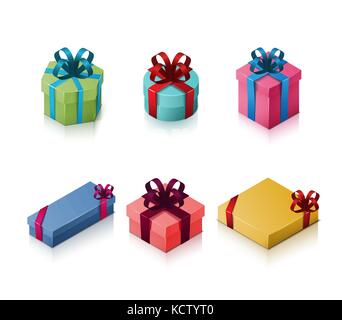 Set of gift boxes with bows and ribbons. Isometric illustration  Stock Vector