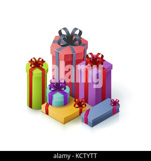 Set of gift boxes with bows and ribbons. Isometric illustration  Stock Vector