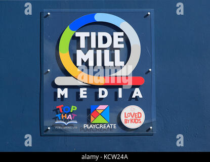 Close up of sign Tide Mill Media company, Marine House, Woodbridge, Suffolk, England, UK Stock Photo