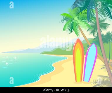 Tropic Beach Summer Landscape. Seashore wave hot. Vacation travel relax vector flat surfboard. Palm tree blue ocean sea. Stock Vector