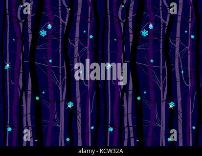 Seamless winter wood forest branches night pattern - christmas trees eve. Sparkly snowflakes purple dark blue cold. Vector illustration Stock Vector