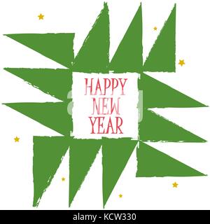 Happy New Year Greeting Card. Geometric Christmas tree ornament with grange edges. Vintage boho art postcard background vector illustration Stock Vector
