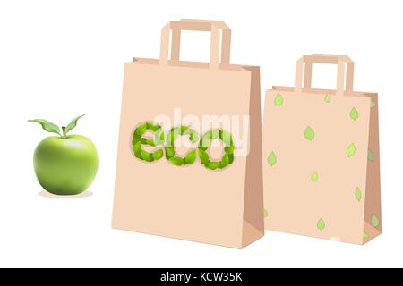 Beige paper shopping bags of gifts. Green apple leaf. Eco. Vector illustration Stock Vector