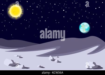 Lunar landscape. Planet earth sun in the sky. Vector illustration Stock Vector