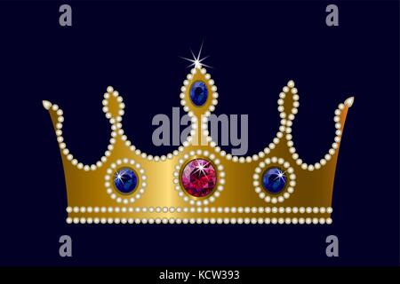 Gold crown on dark background ruby sapphire pearls. Vector illustration Stock Vector